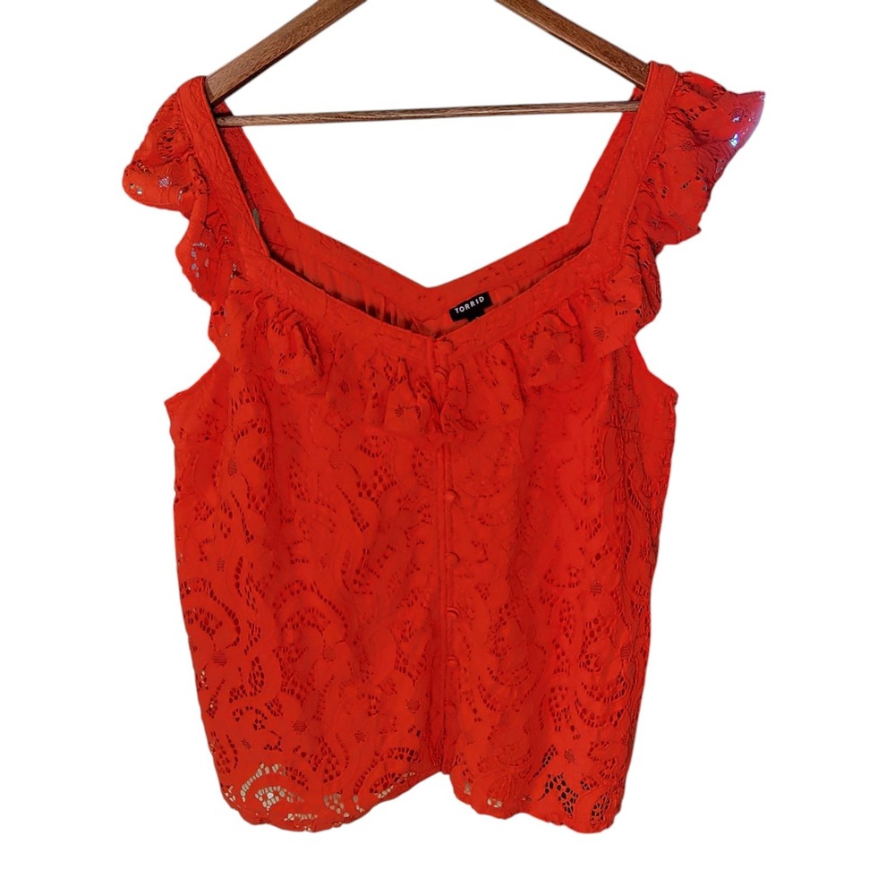 Torrid Size 2 Women's Orange Lace Pullover Top Ruffle Sleeve Lined Crop